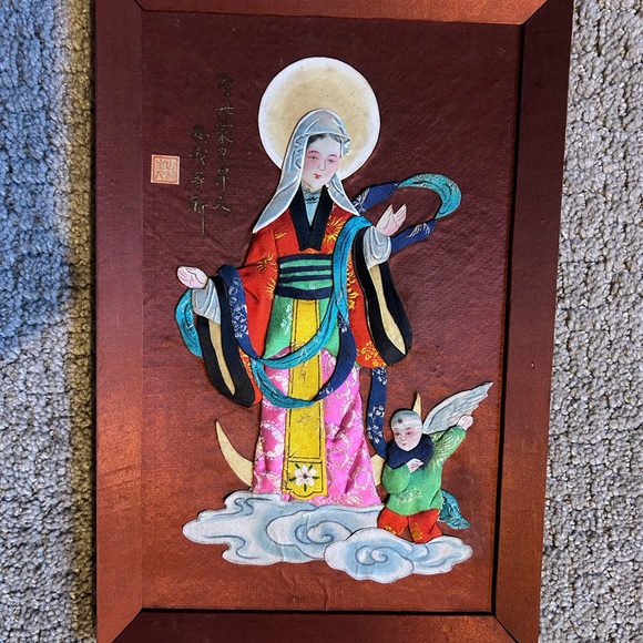 Vintage Chinese Silk Painting Our Lady of China / Madonna & Child amidst Clouds